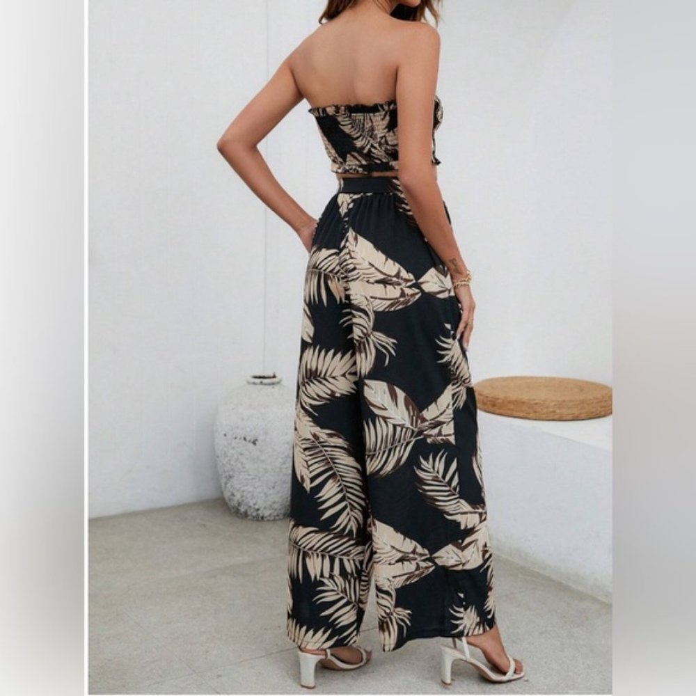 LAST ONE 🔥 Brown/ Black Tropical Print Tube Top & Wide Leg Pants - Picture 2 of 7